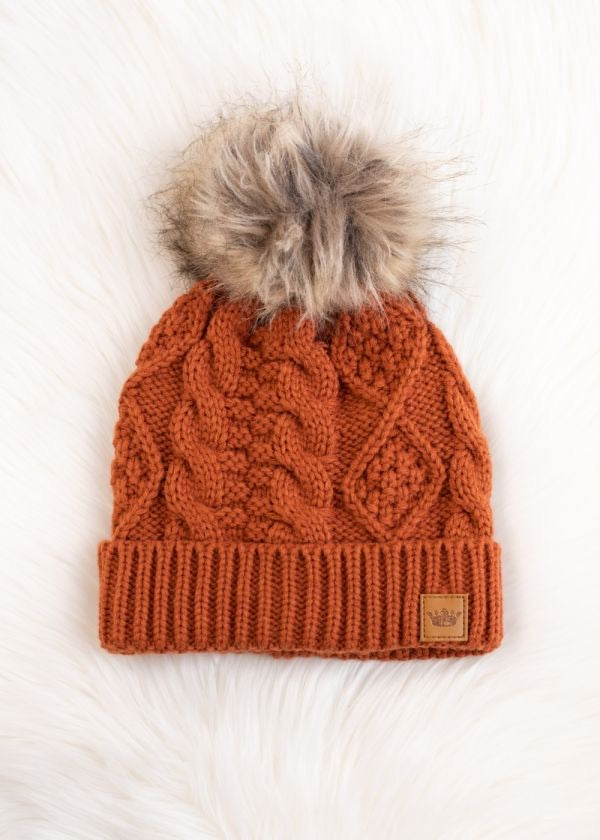 Autumn Rust Cable Knit Fleece Lined Pom Hat