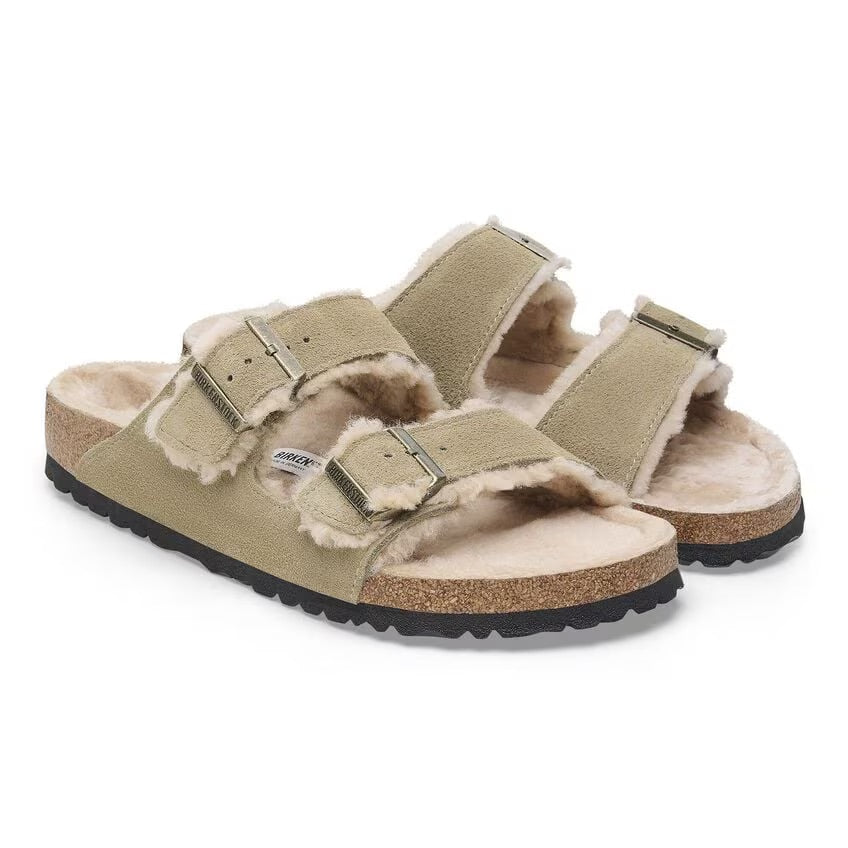 Birkenstock Arizona Shearling Suede Leather Sandals - Taupe