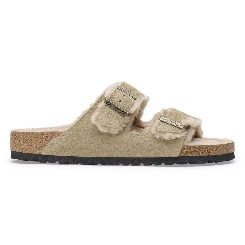 Birkenstock Arizona Shearling Suede Leather Sandals - Taupe