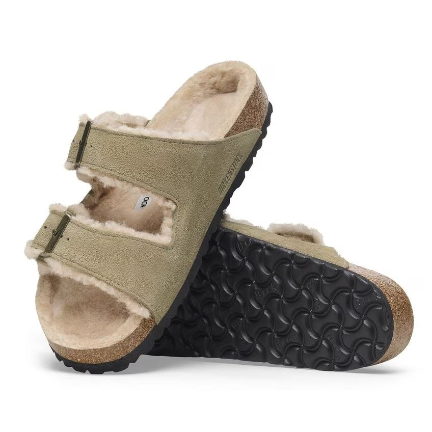 Birkenstock Arizona Shearling Suede Leather Sandals - Taupe