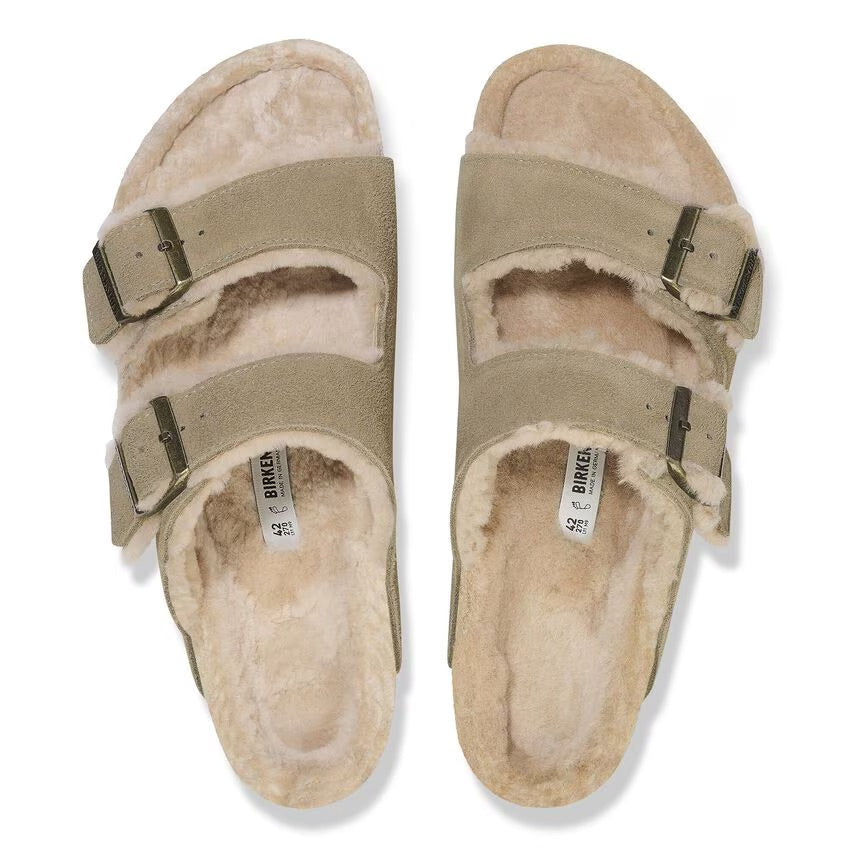 Birkenstock Arizona Shearling Suede Leather Sandals - Taupe