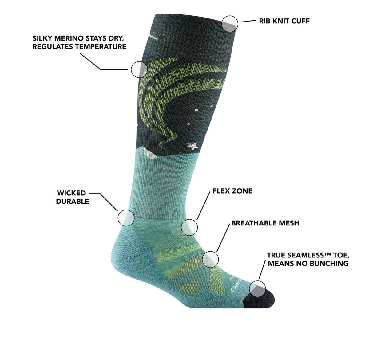 Darn Tough Women's Aurora Over-the-Calf Lightweight Ski & Snowboard Socks - Aqua